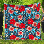 Turquoise Leaves Hibiscus Pattern Print Quilt