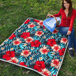 Turquoise Leaves Hibiscus Pattern Print Quilt