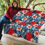 Turquoise Leaves Hibiscus Pattern Print Quilt