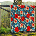 Turquoise Leaves Hibiscus Pattern Print Quilt