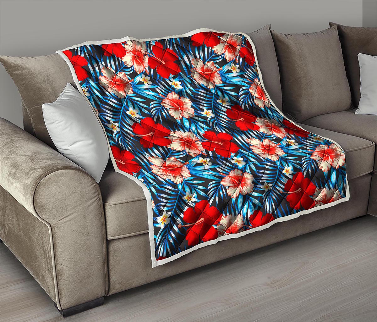Turquoise Leaves Hibiscus Pattern Print Quilt