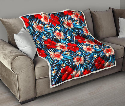 Turquoise Leaves Hibiscus Pattern Print Quilt