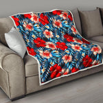 Turquoise Leaves Hibiscus Pattern Print Quilt