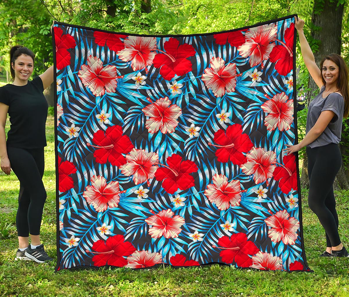 Turquoise Leaves Hibiscus Pattern Print Quilt