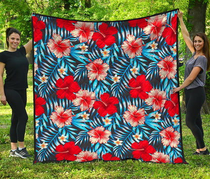 Turquoise Leaves Hibiscus Pattern Print Quilt