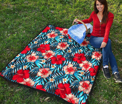 Turquoise Leaves Hibiscus Pattern Print Quilt