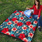 Turquoise Leaves Hibiscus Pattern Print Quilt