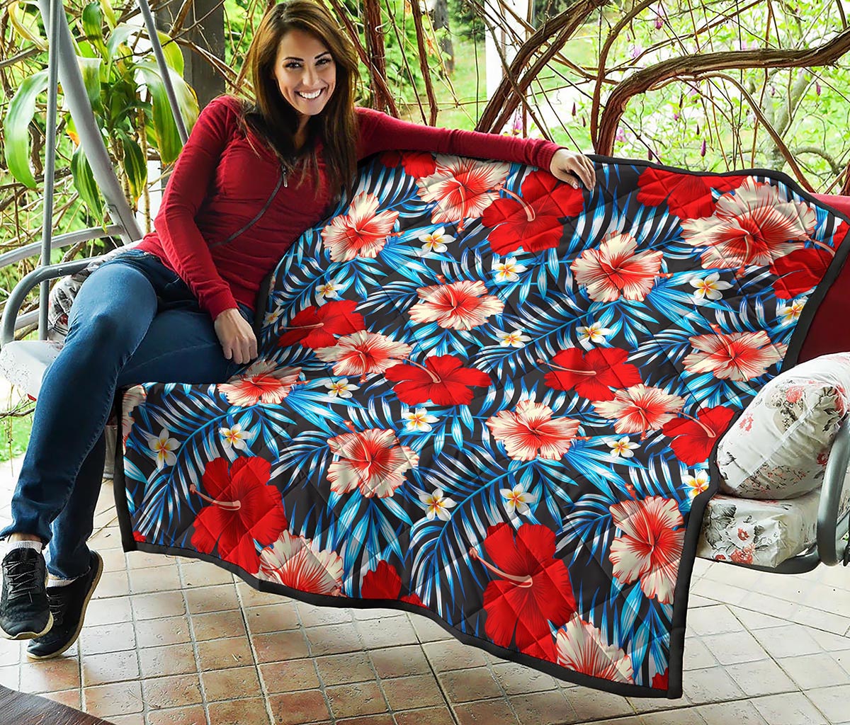 Turquoise Leaves Hibiscus Pattern Print Quilt