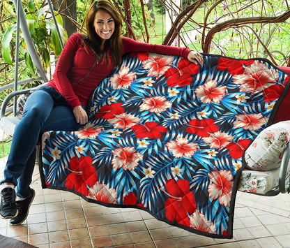 Turquoise Leaves Hibiscus Pattern Print Quilt
