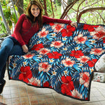 Turquoise Leaves Hibiscus Pattern Print Quilt