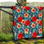 Turquoise Leaves Hibiscus Pattern Print Quilt