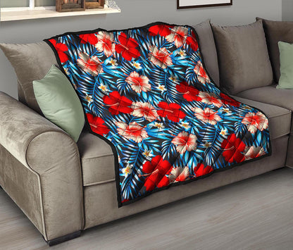 Turquoise Leaves Hibiscus Pattern Print Quilt