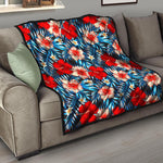 Turquoise Leaves Hibiscus Pattern Print Quilt