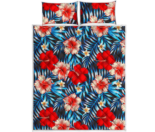 Turquoise Leaves Hibiscus Pattern Print Quilt Bed Set