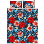 Turquoise Leaves Hibiscus Pattern Print Quilt Bed Set