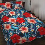 Turquoise Leaves Hibiscus Pattern Print Quilt Bed Set