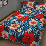 Turquoise Leaves Hibiscus Pattern Print Quilt Bed Set