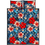 Turquoise Leaves Hibiscus Pattern Print Quilt Bed Set