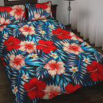 Turquoise Leaves Hibiscus Pattern Print Quilt Bed Set