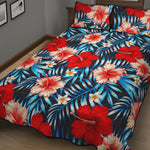 Turquoise Leaves Hibiscus Pattern Print Quilt Bed Set
