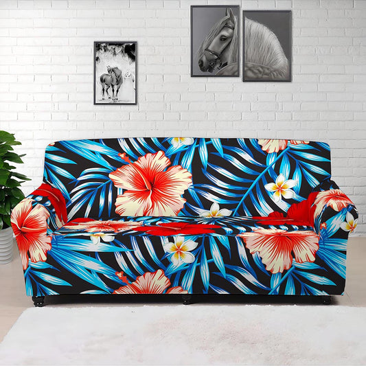 Turquoise Leaves Hibiscus Pattern Print Sofa Cover