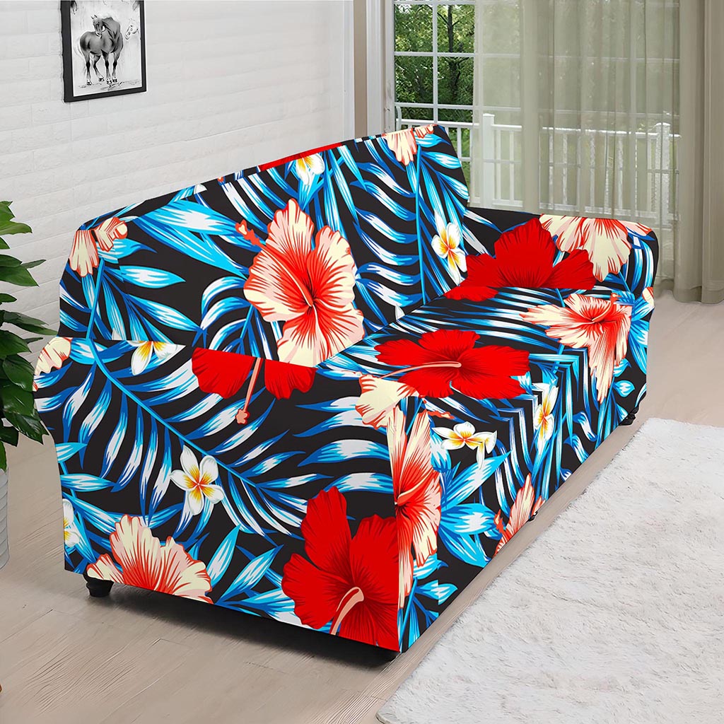 Turquoise Leaves Hibiscus Pattern Print Sofa Cover