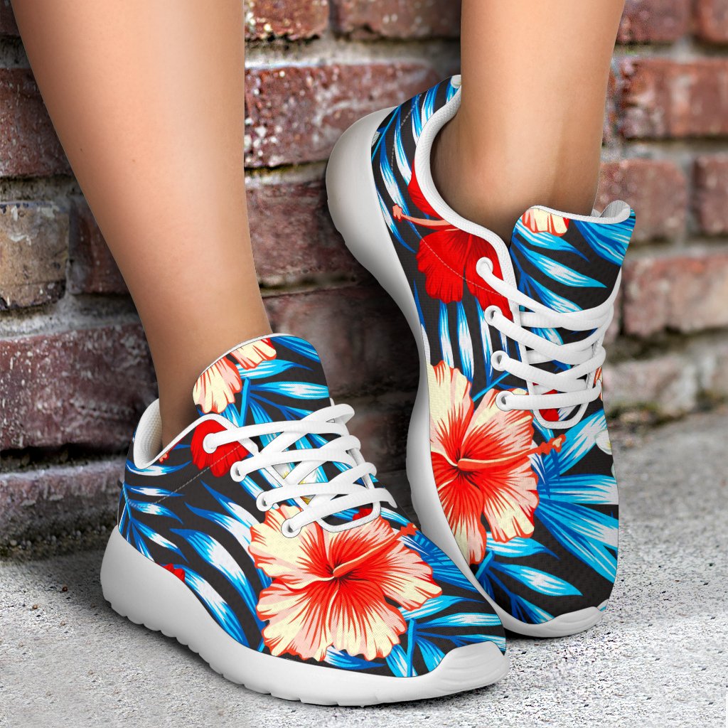 Turquoise Leaves Hibiscus Pattern Print Sport Shoes GearFrost