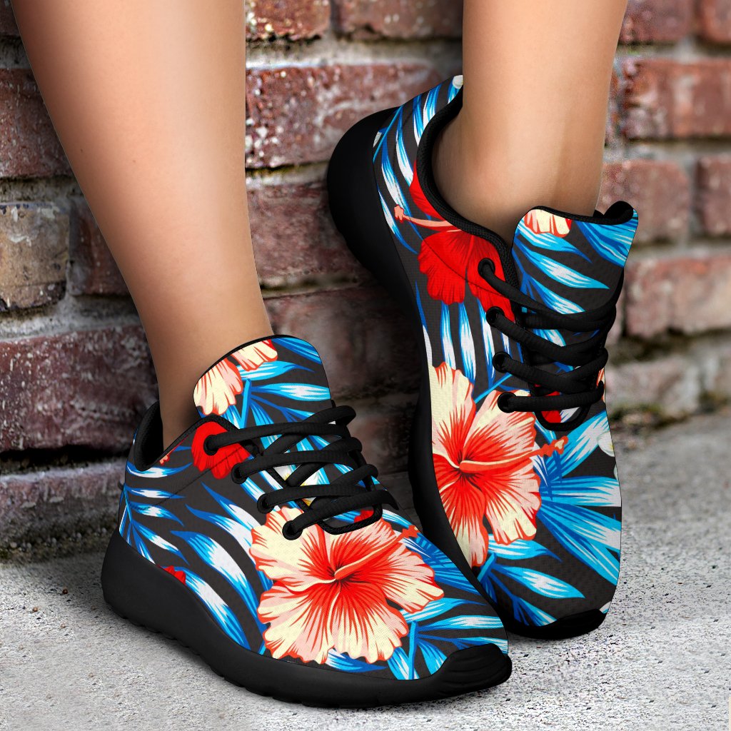 Turquoise Leaves Hibiscus Pattern Print Sport Shoes GearFrost