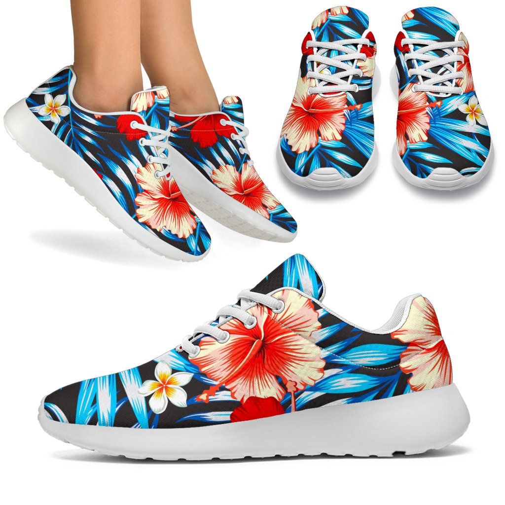 Turquoise Leaves Hibiscus Pattern Print Sport Shoes GearFrost