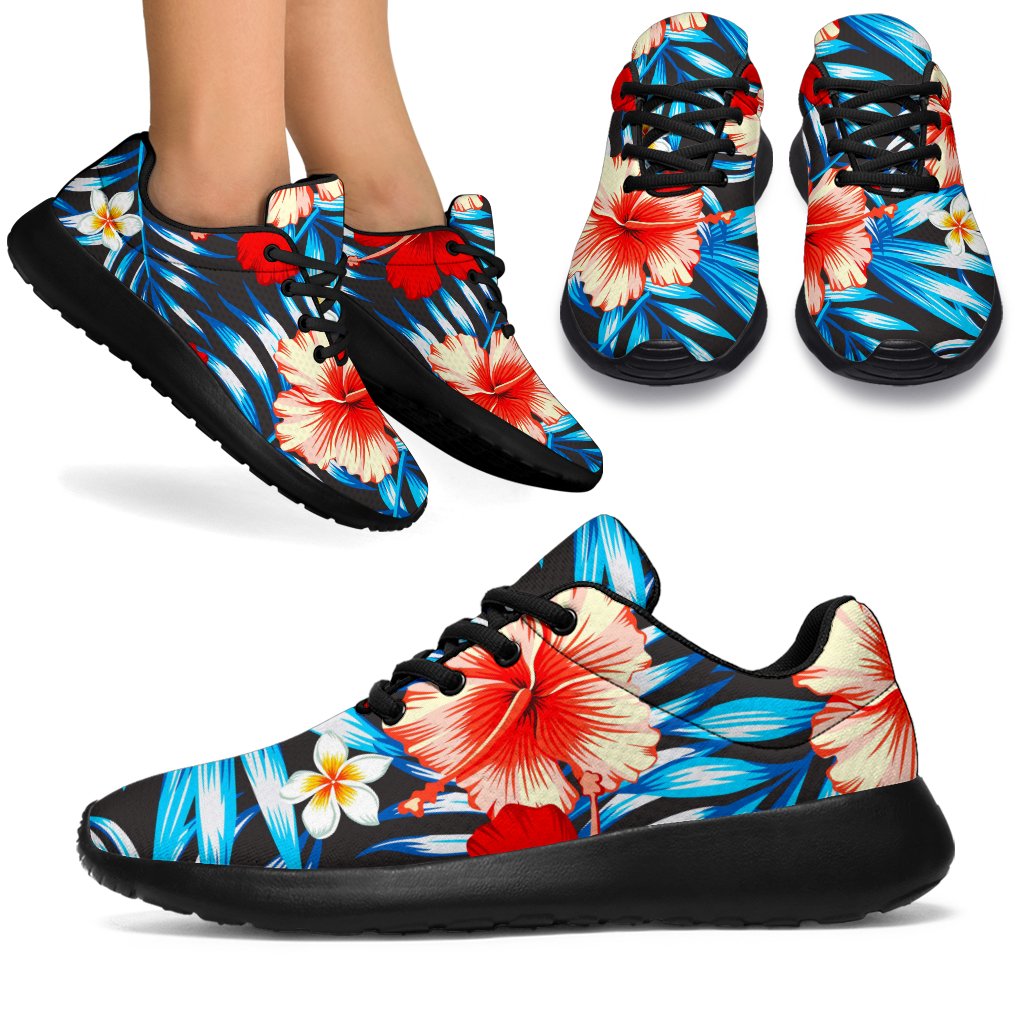 Turquoise Leaves Hibiscus Pattern Print Sport Shoes GearFrost