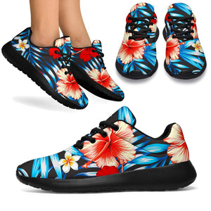 Turquoise Leaves Hibiscus Pattern Print Sport Shoes GearFrost