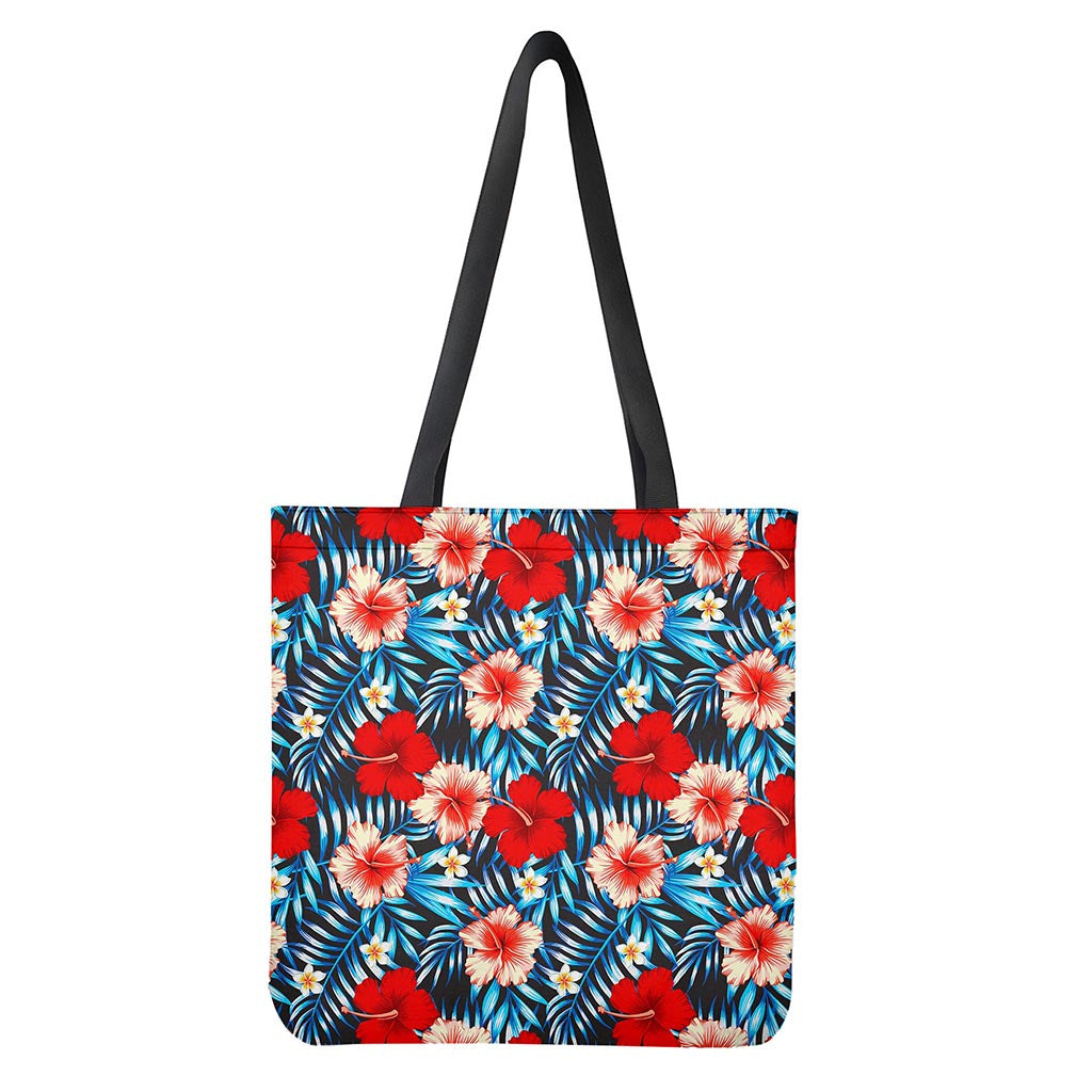 Turquoise Leaves Hibiscus Pattern Print Tote Bag