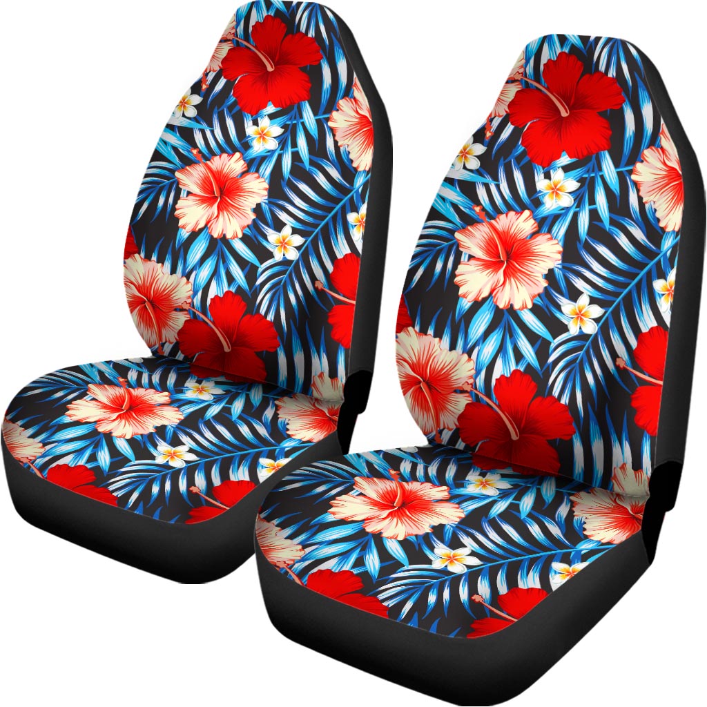 Turquoise Leaves Hibiscus Pattern Print Universal Fit Car Seat Covers