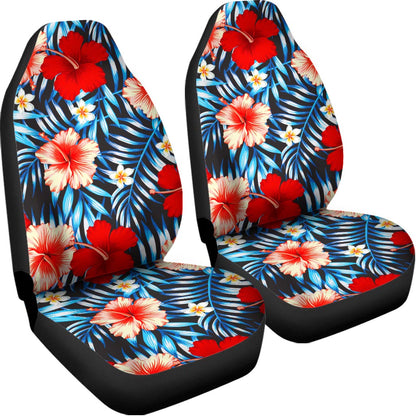 Turquoise Leaves Hibiscus Pattern Print Universal Fit Car Seat Covers