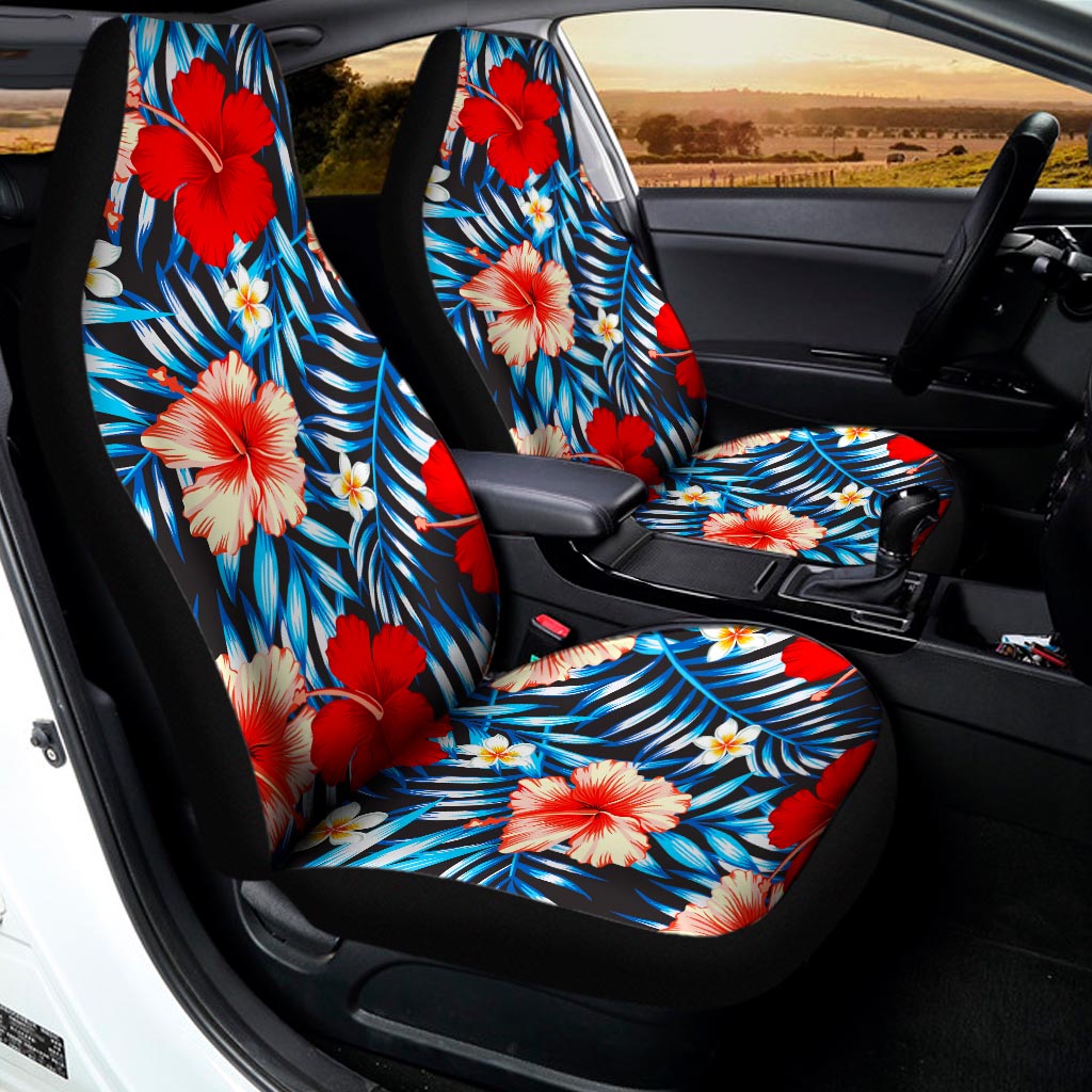Turquoise Leaves Hibiscus Pattern Print Universal Fit Car Seat Covers
