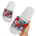 Turquoise Leaves Hibiscus Pattern Print White Slide Sandals