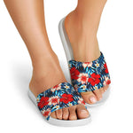 Turquoise Leaves Hibiscus Pattern Print White Slide Sandals