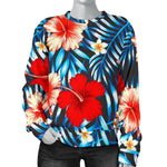 Turquoise Leaves Hibiscus Pattern Print Women's Crewneck Sweatshirt GearFrost