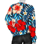 Turquoise Leaves Hibiscus Pattern Print Women's Crewneck Sweatshirt GearFrost