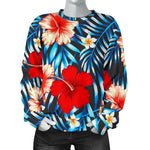 Turquoise Leaves Hibiscus Pattern Print Women's Crewneck Sweatshirt GearFrost
