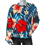 Turquoise Leaves Hibiscus Pattern Print Women's Crewneck Sweatshirt GearFrost
