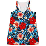 Turquoise Leaves Hibiscus Pattern Print Women's Racerback Tank Top