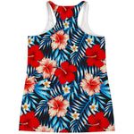 Turquoise Leaves Hibiscus Pattern Print Women's Racerback Tank Top