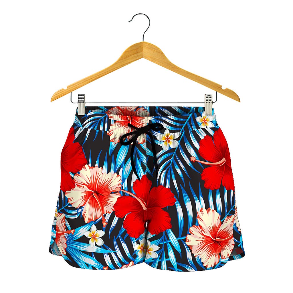 Turquoise Leaves Hibiscus Pattern Print Women's Shorts