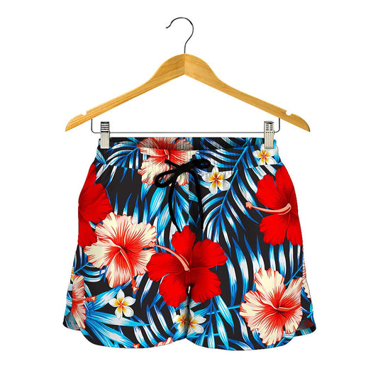 Turquoise Leaves Hibiscus Pattern Print Women's Shorts