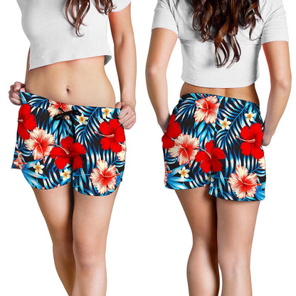 Turquoise Leaves Hibiscus Pattern Print Women's Shorts