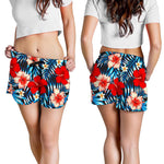 Turquoise Leaves Hibiscus Pattern Print Women's Shorts