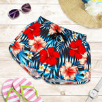 Turquoise Leaves Hibiscus Pattern Print Women's Shorts