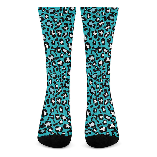 Turquoise Leopard Print Crew Socks