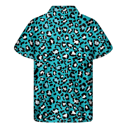 Turquoise Leopard Print Men's Short Sleeve Shirt
